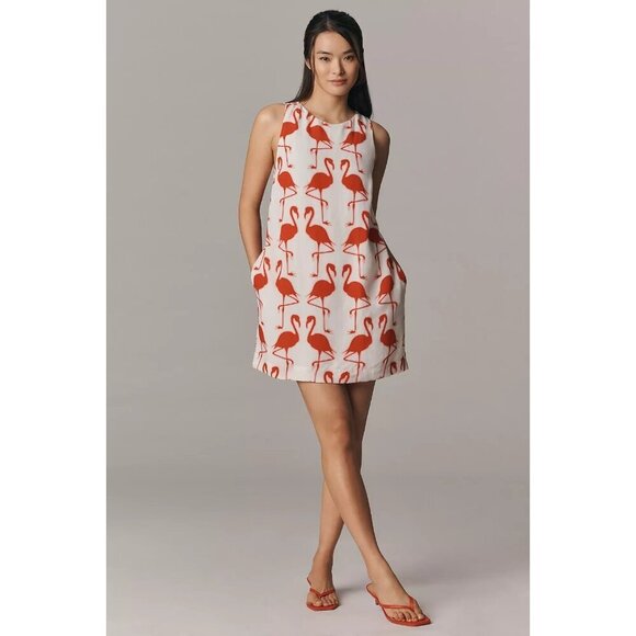 Maeve Sleeveless Linen Blend Printed Shift Mini Dress Flamingo Print L